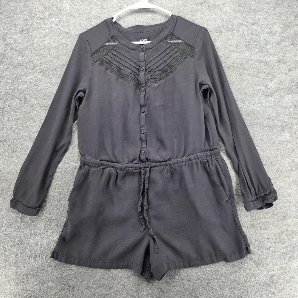 Ann Taylor Loft Romper Womens Medium Gray Long Sleeve Button Lace Tie Waist